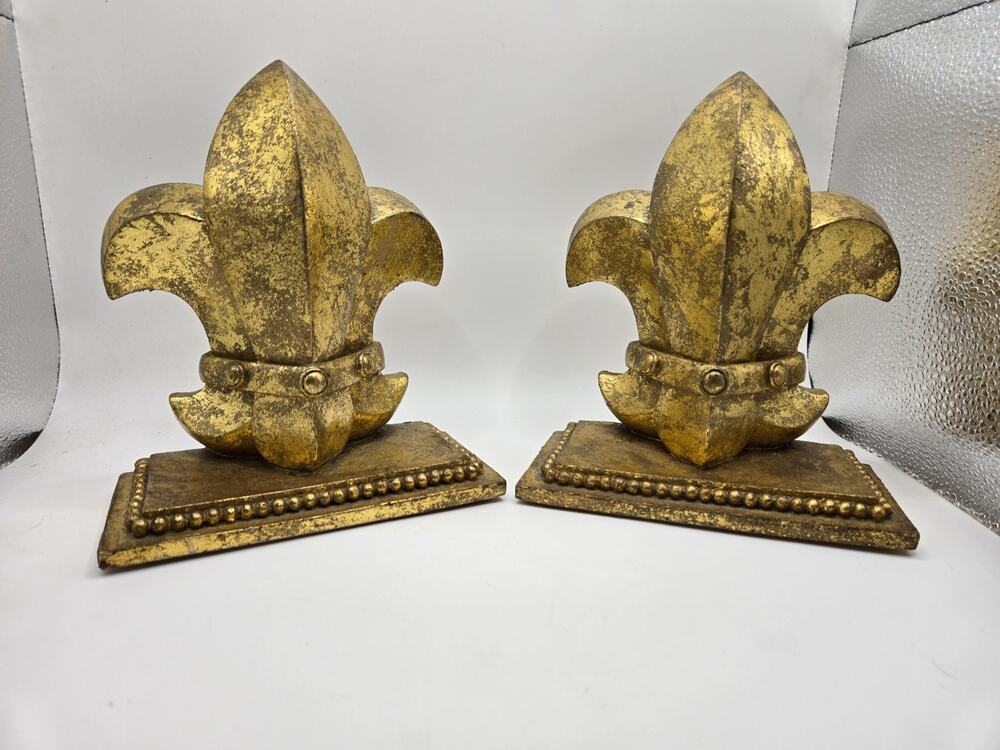Fleur De Lis Bookends Gold Tone Metallic Finish Pair Decorative Heavy 7x6x3